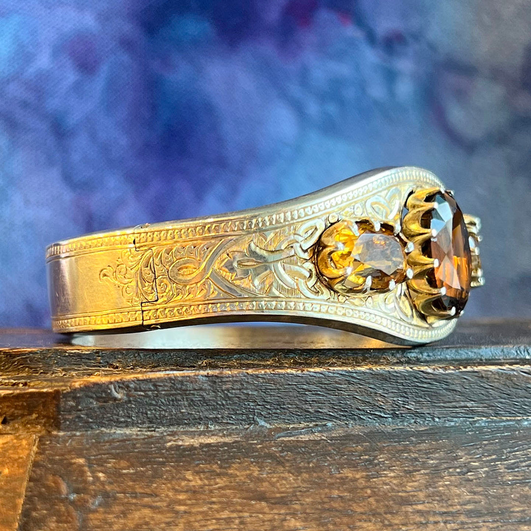 Antique Victorian Silver Engraved Citrine Bangle c.1870