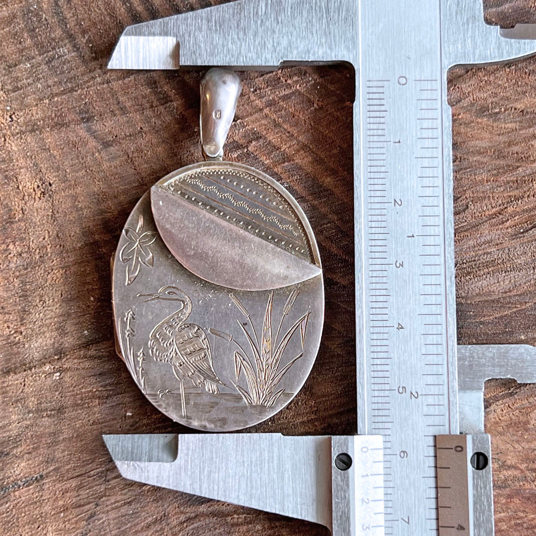 Antique Victorian Silver Locket Aesthetic Movement Heron Dated 1880