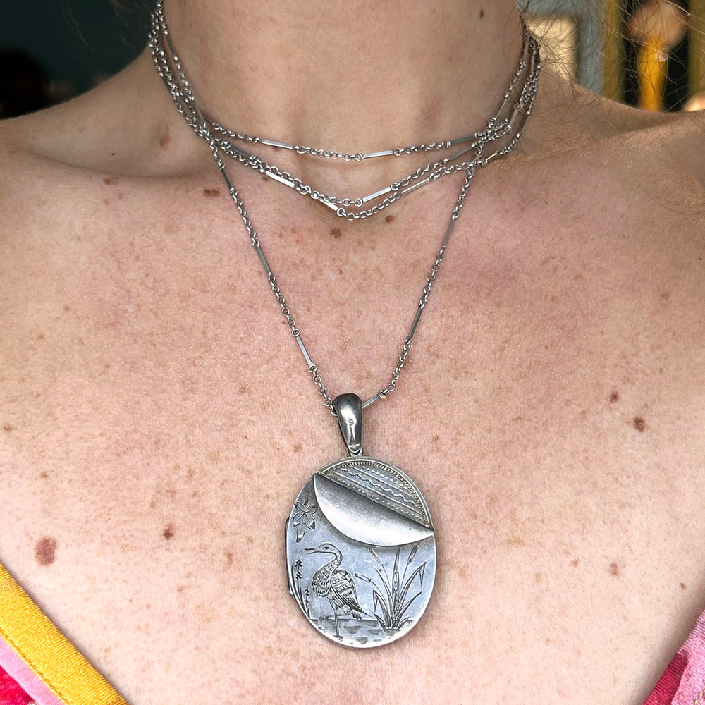 Antique Victorian Silver Locket Aesthetic Movement Heron Dated 1880