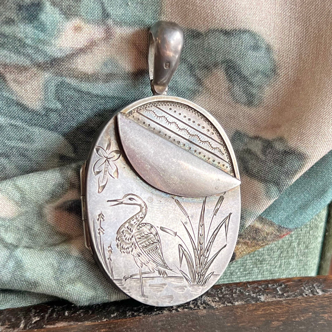 Antique Victorian Silver Locket Aesthetic Movement Heron Dated 1880