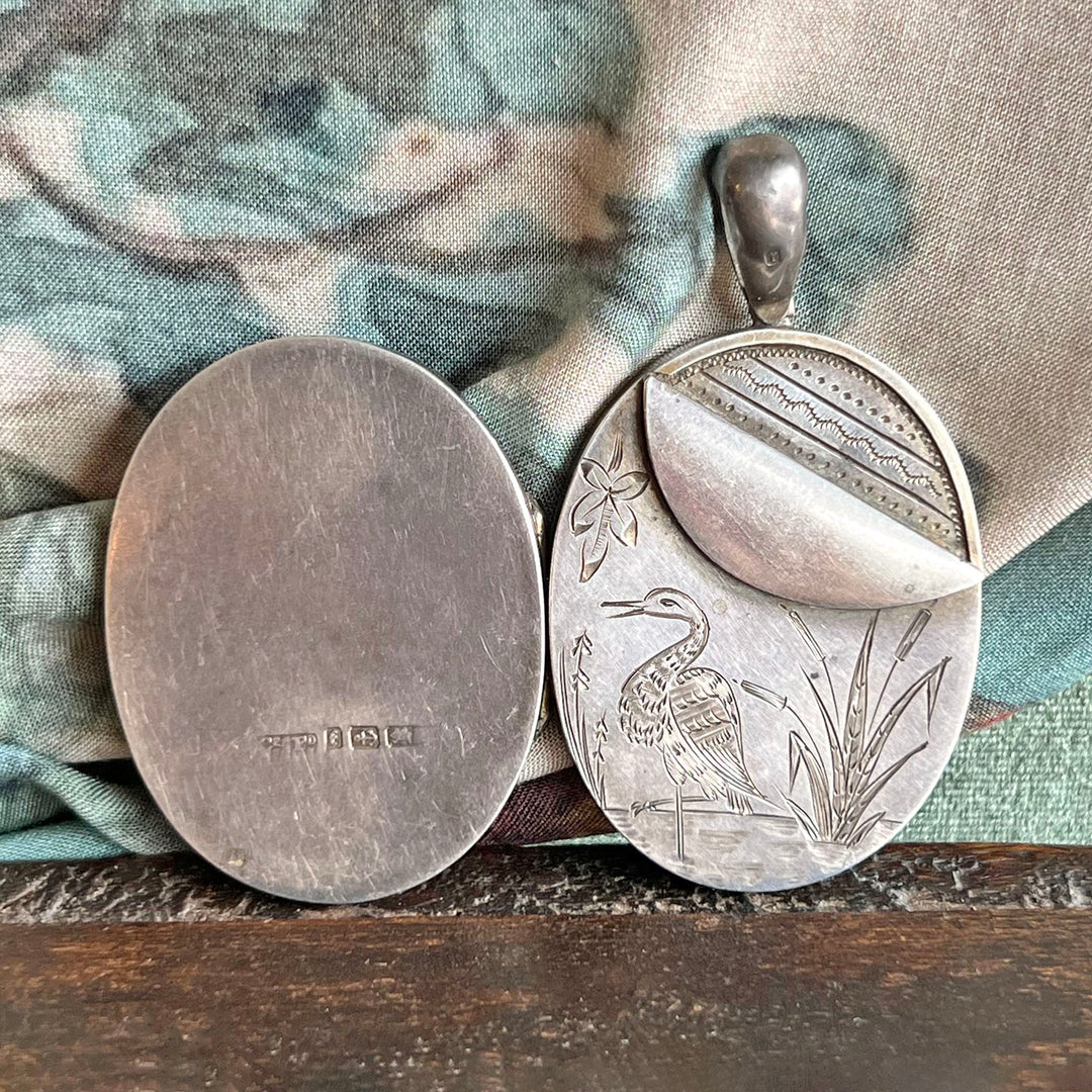 Antique Victorian Silver Locket Aesthetic Movement Heron Dated 1880