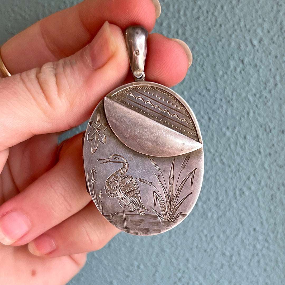Antique Victorian Silver Locket Aesthetic Movement Heron Dated 1880