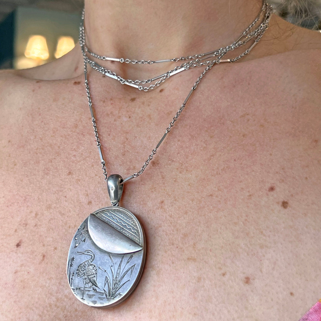 Antique Victorian Silver Locket Aesthetic Movement Heron Dated 1880