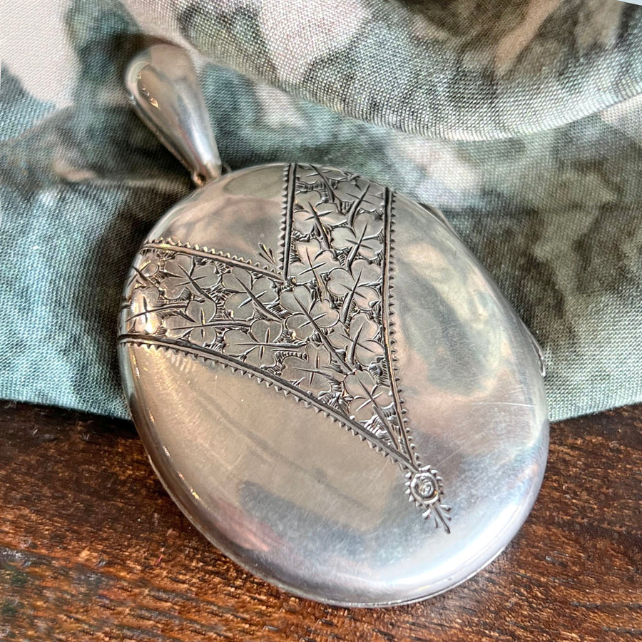 Antique Victorian Silver Locket Clover Engraved with Woven Hair Interior c.1880