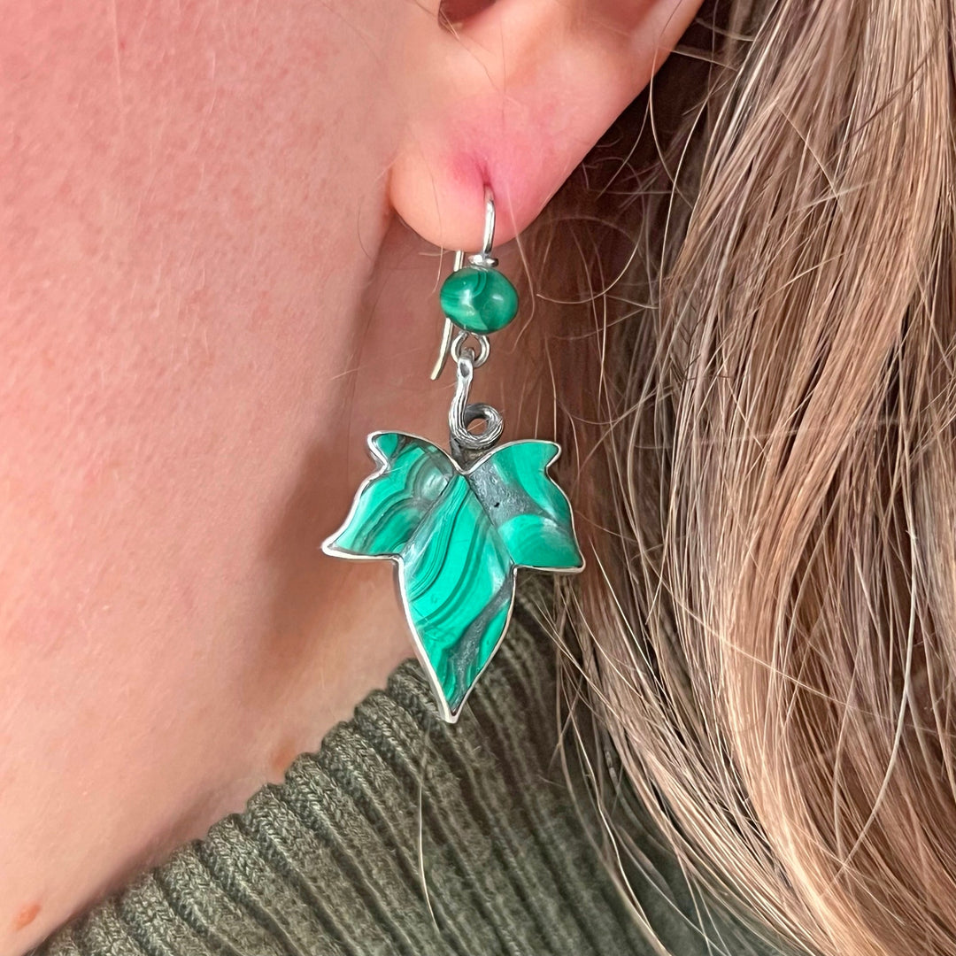 Antique Victorian silver malachite ivy leaf earrings