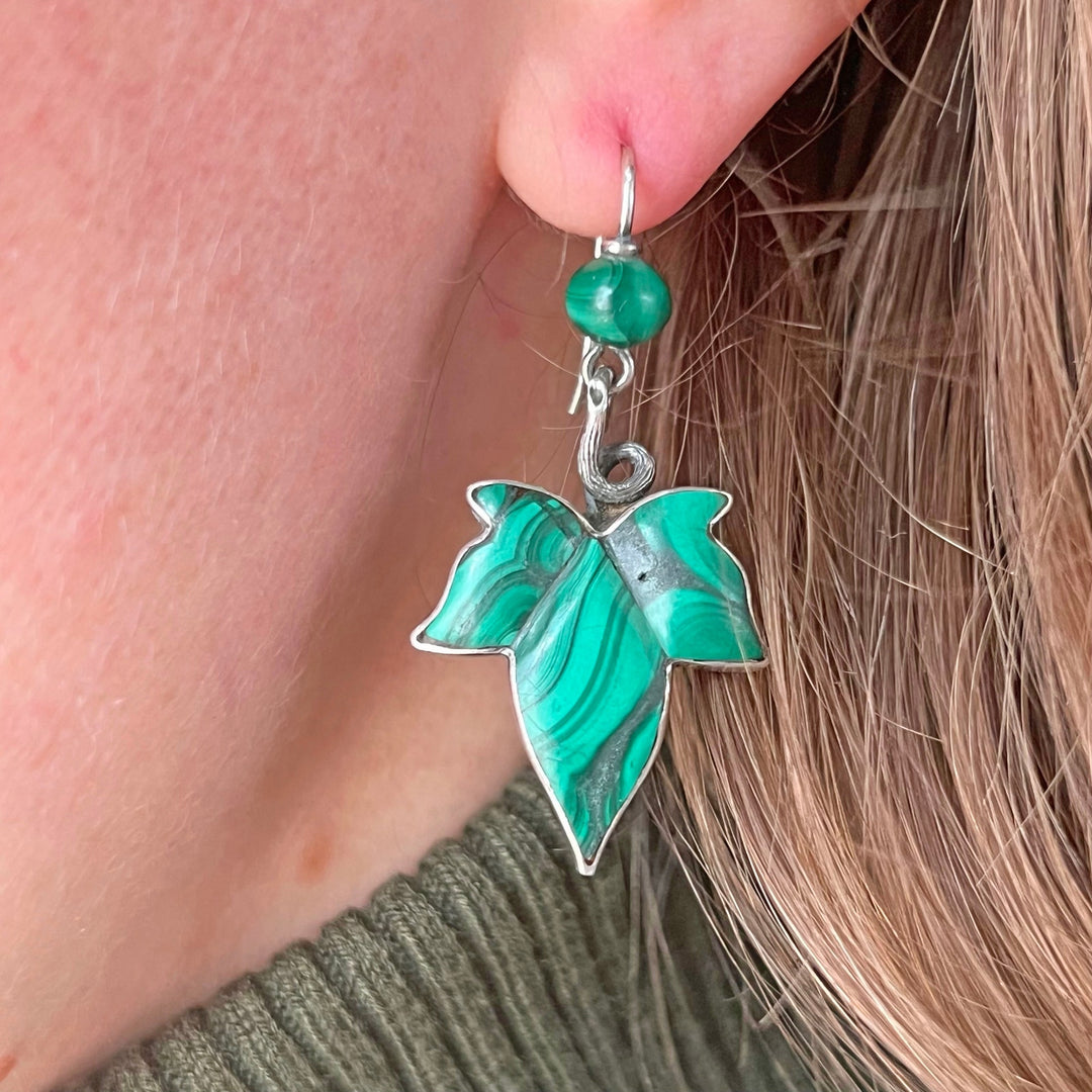 Elegant antique silver malachite earrings