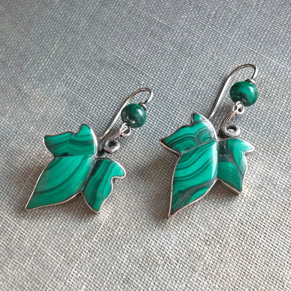 Victorian silver earrings with green malachite