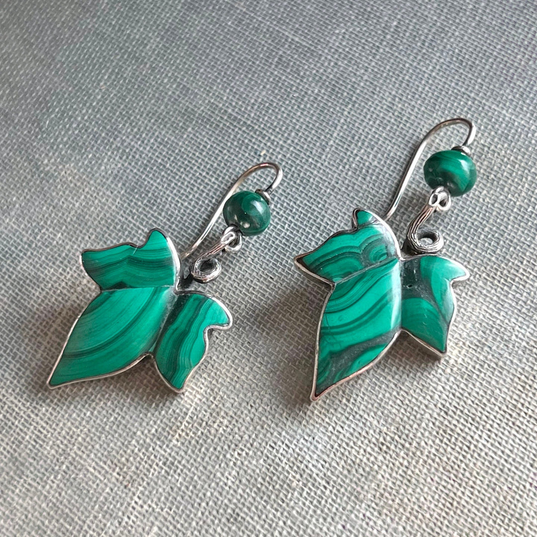 Victorian silver earrings with green malachite