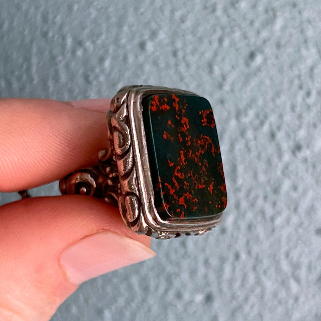 Close up bloodstone stone deep green antique fob