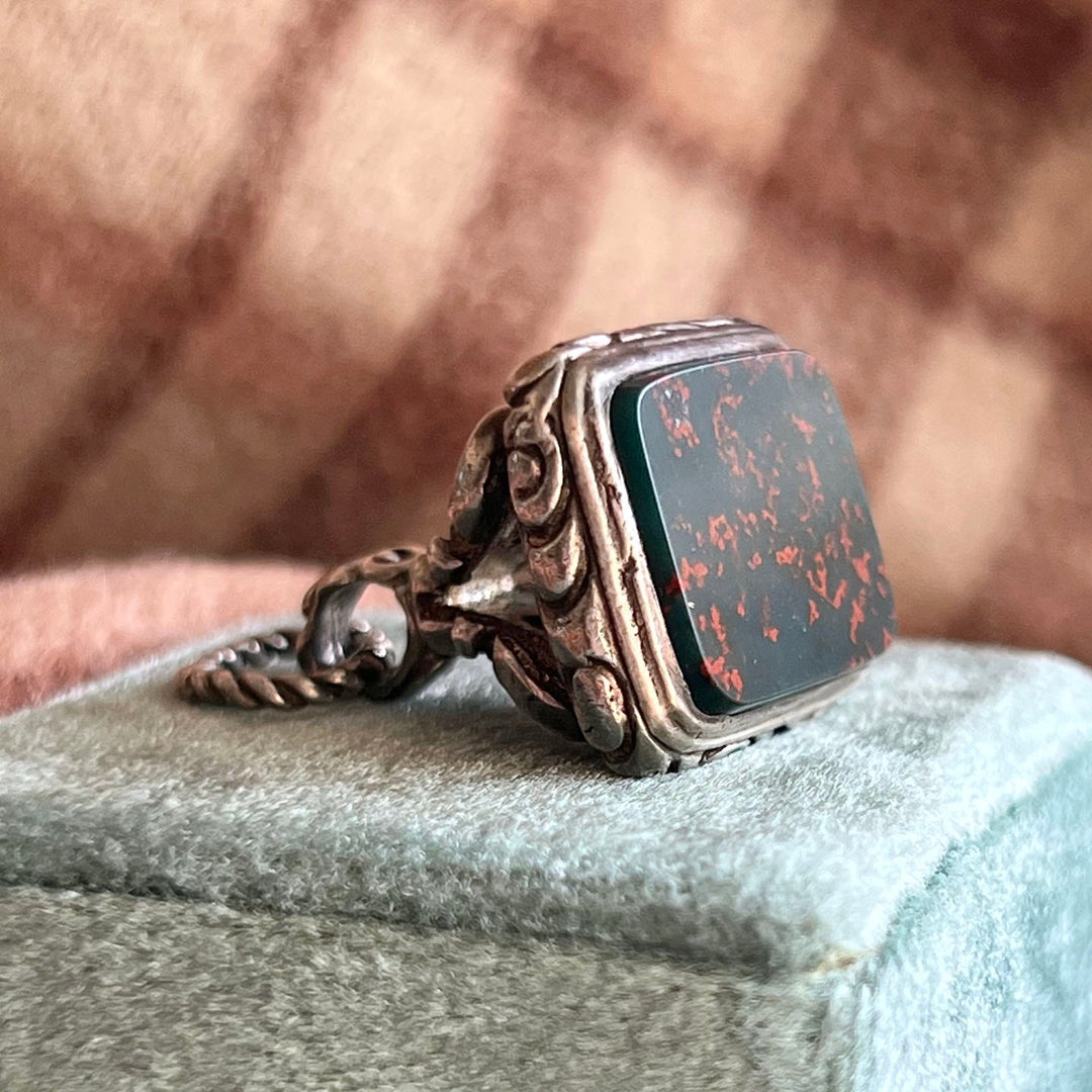 Antique Victorian Silver Repoussé Bloodstone Fob, London c. 1900