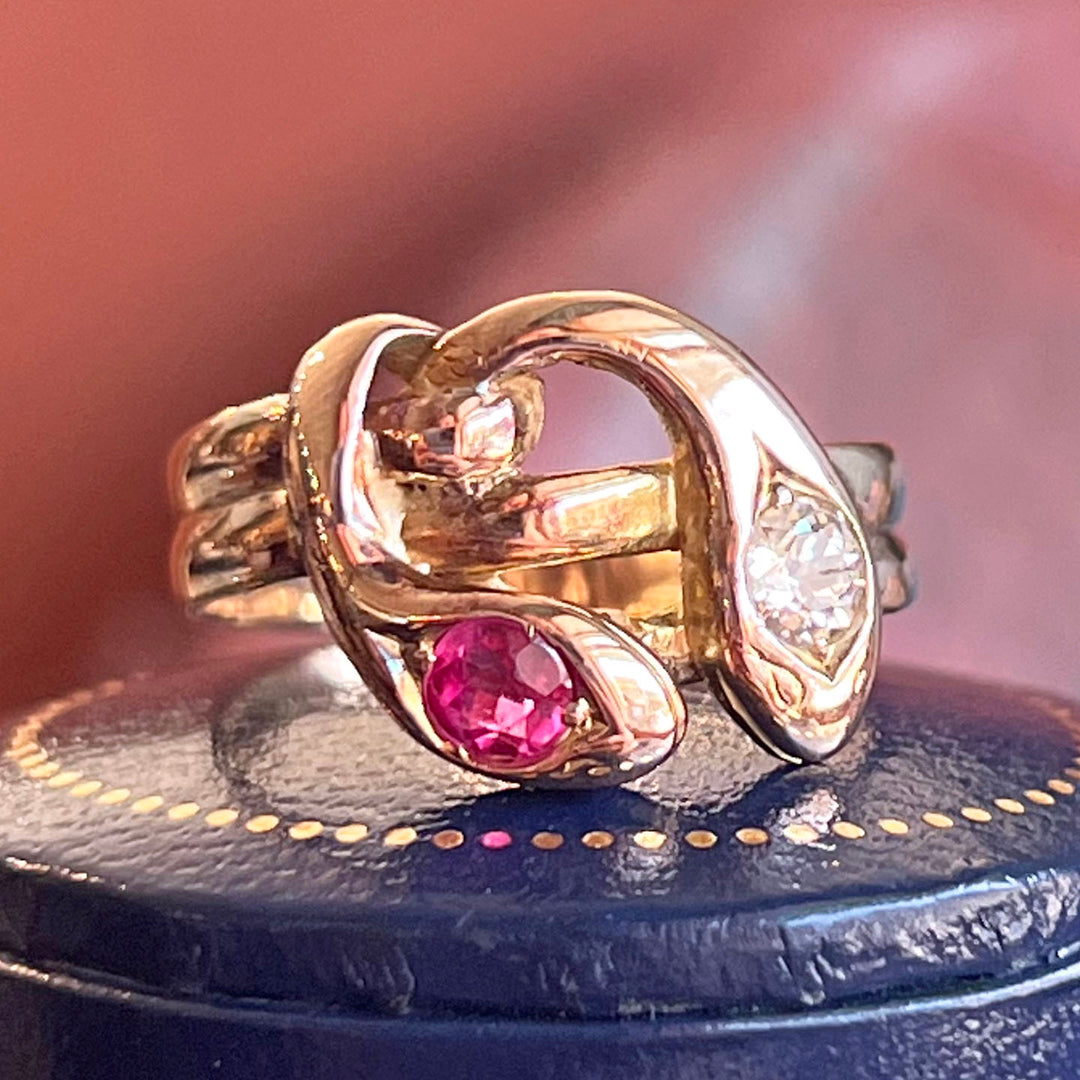 Antique Victorian Snake Ring 14k Gold Ruby Diamond, c.1890