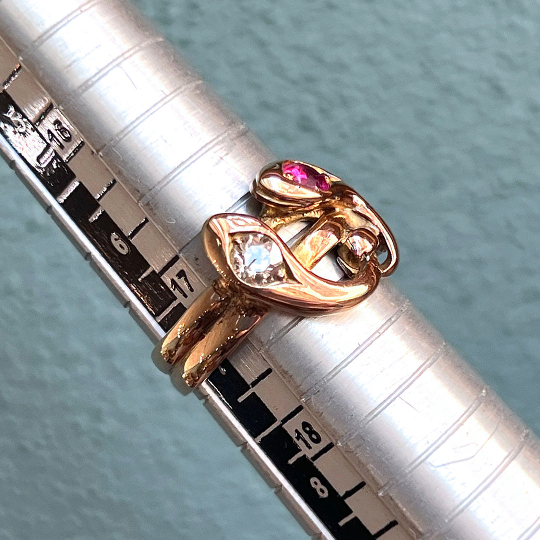 Antique Victorian Snake Ring 14k Gold Ruby Diamond, c.1890