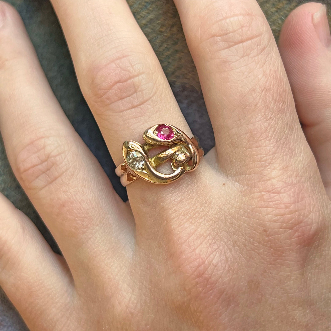 Antique Victorian Snake Ring 14k Gold Ruby Diamond, c.1890