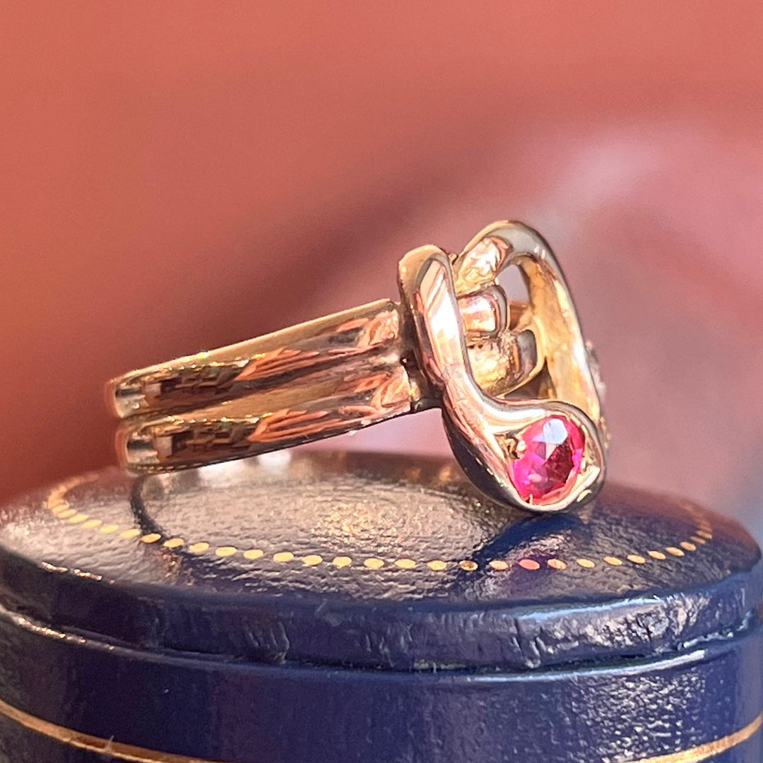 Antique Victorian Snake Ring 14k Gold Ruby Diamond, c.1890