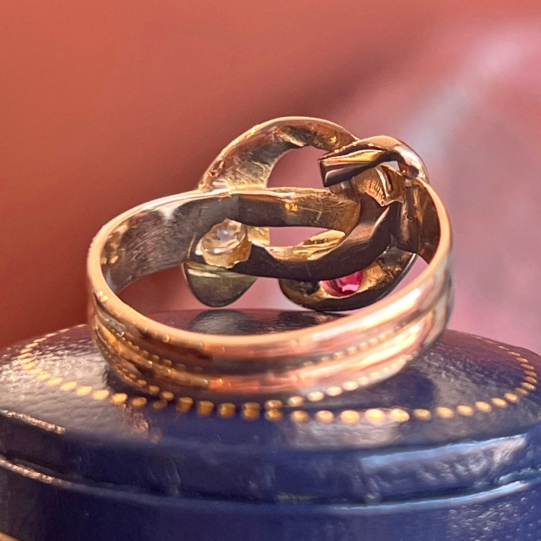 Antique Victorian Snake Ring 14k Gold Ruby Diamond, c.1890