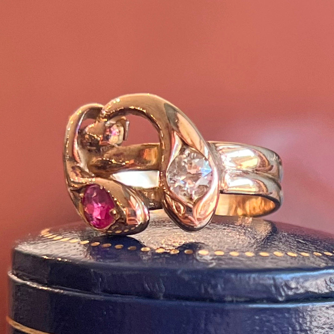 Antique Victorian Snake Ring 14k Gold Ruby Diamond, c.1890