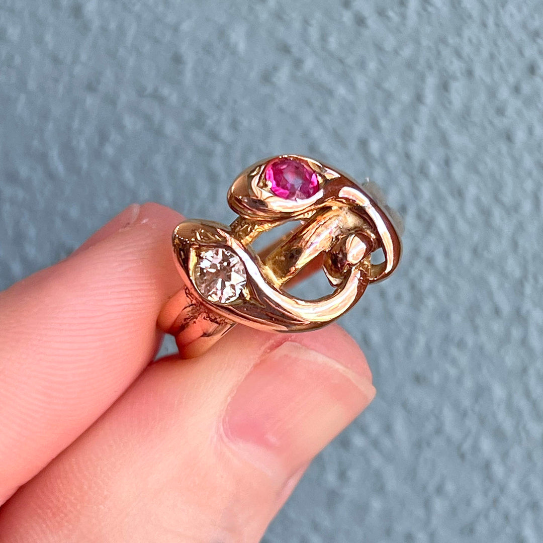 Antique Victorian Snake Ring 14k Gold Ruby Diamond, c.1890