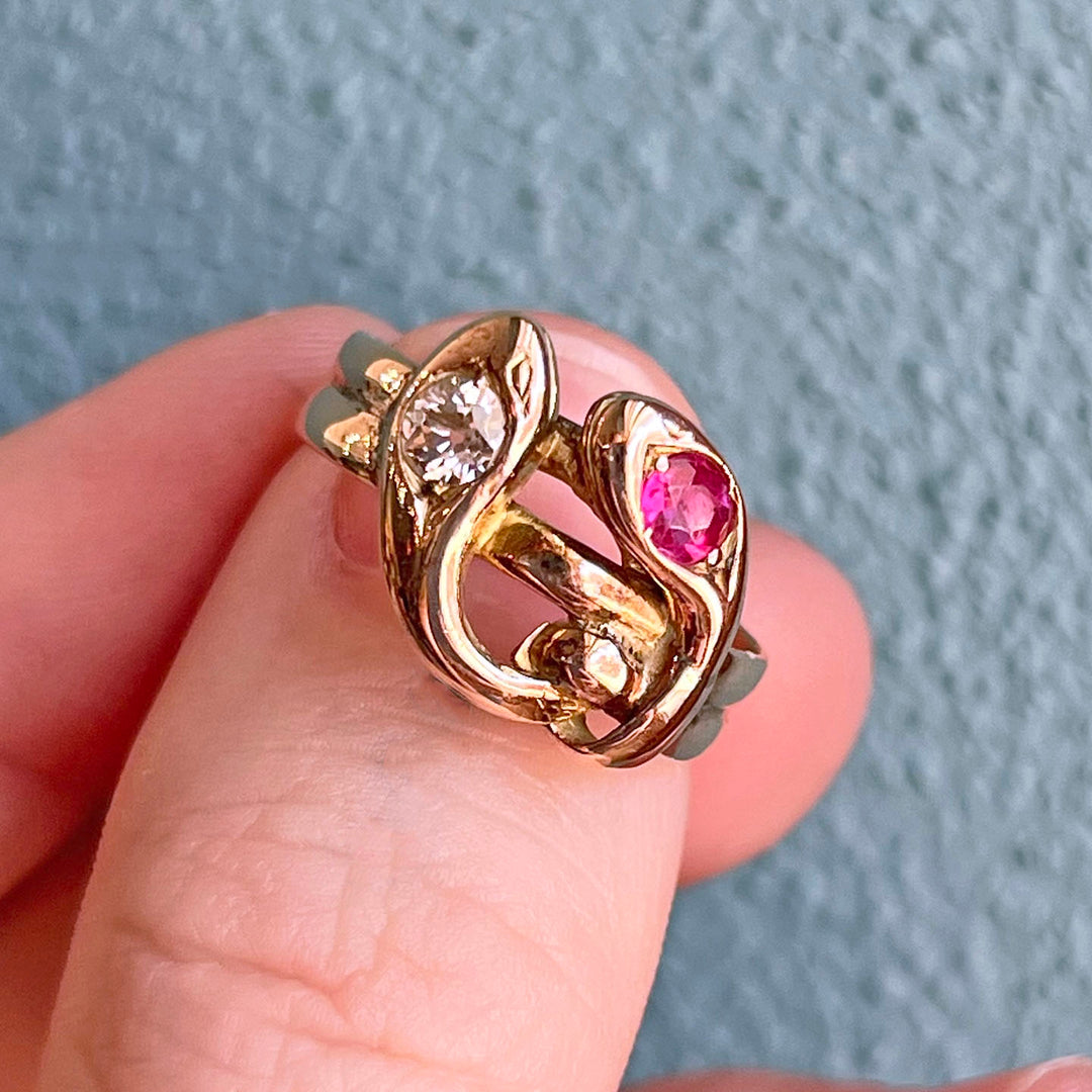 Antique Victorian Snake Ring 14k Gold Ruby Diamond, c.1890