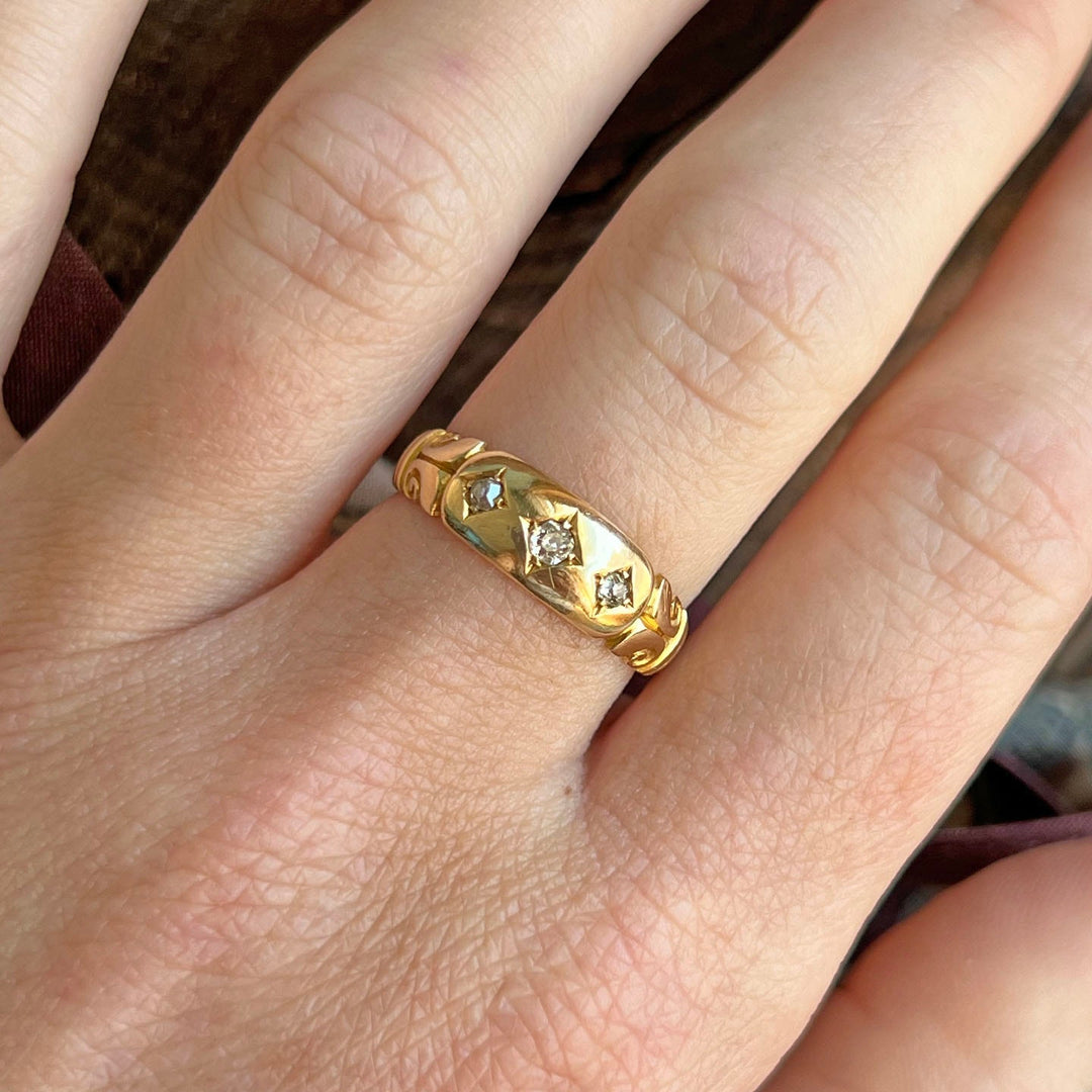 Victorian diamond gypsy ring worn on hand antique style