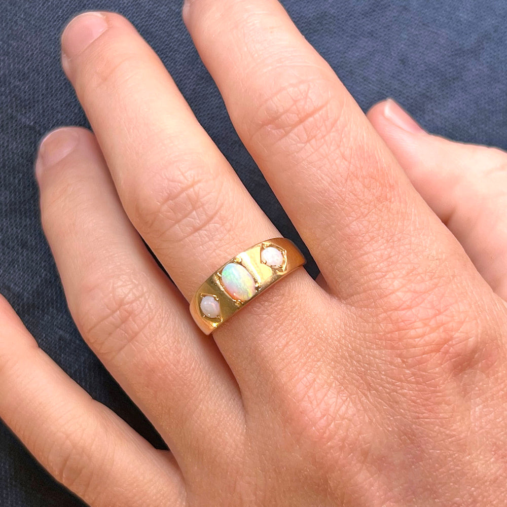 Antique Victorian Three-Stone Opal Ring 18k Gold Chester 1885