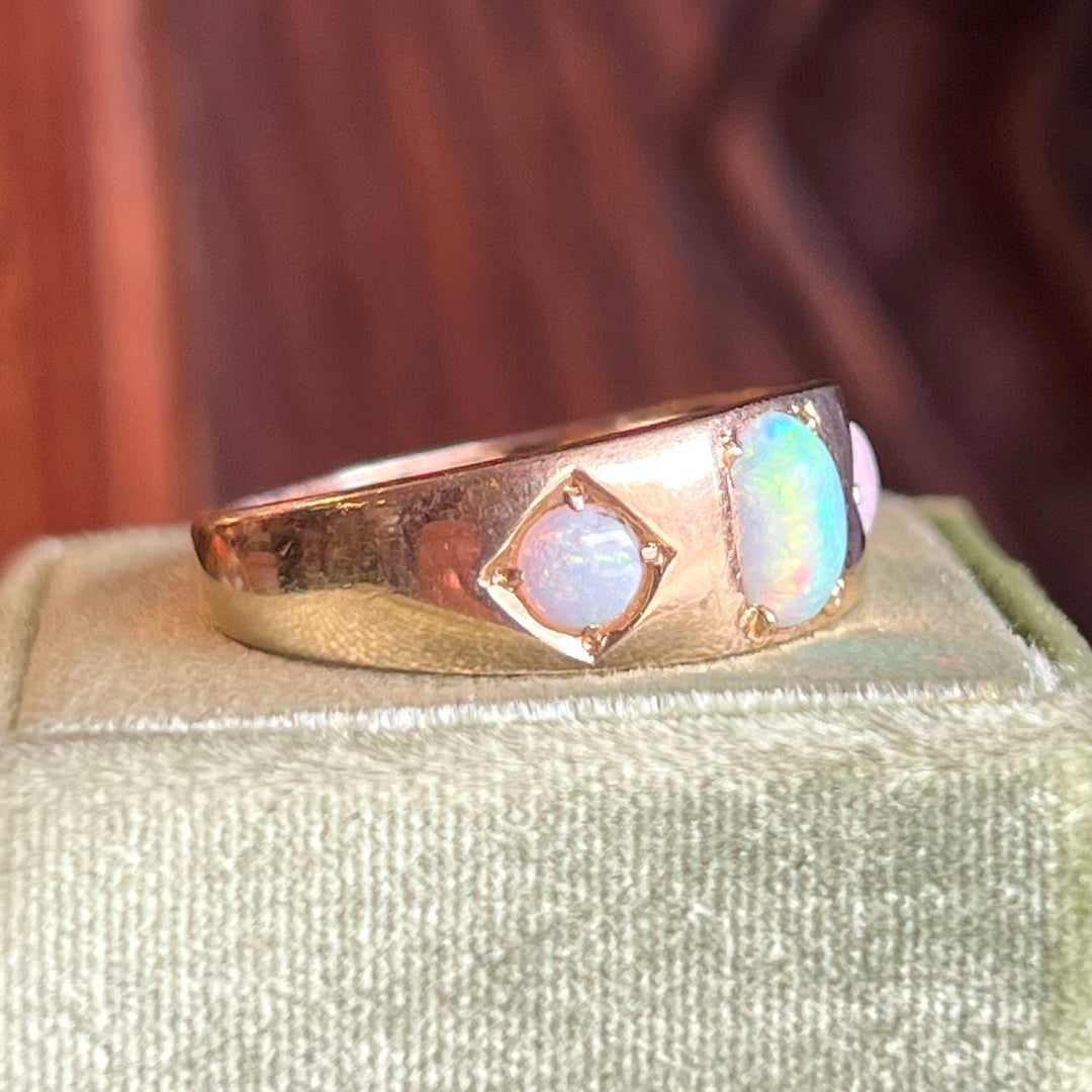 Antique Victorian Three-Stone Opal Ring 18k Gold Chester 1885