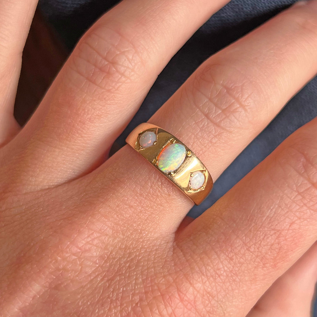 Antique Victorian Three-Stone Opal Ring 18k Gold Chester 1885