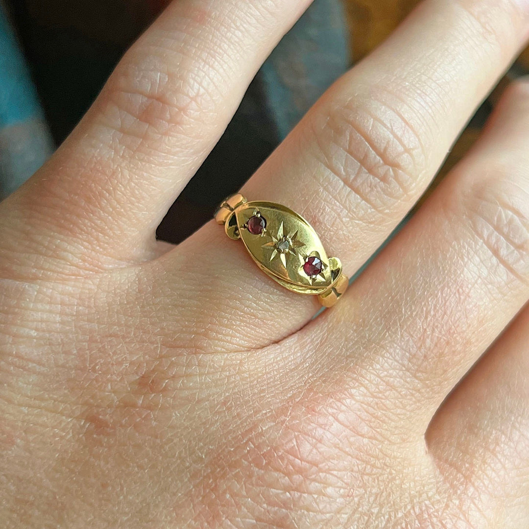 Victorian ruby diamond ring worn on hand antique style