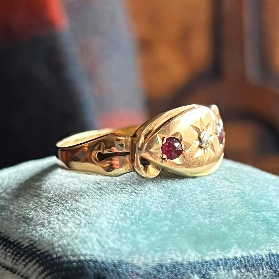 Detail of star set engraving Victorian ruby ring