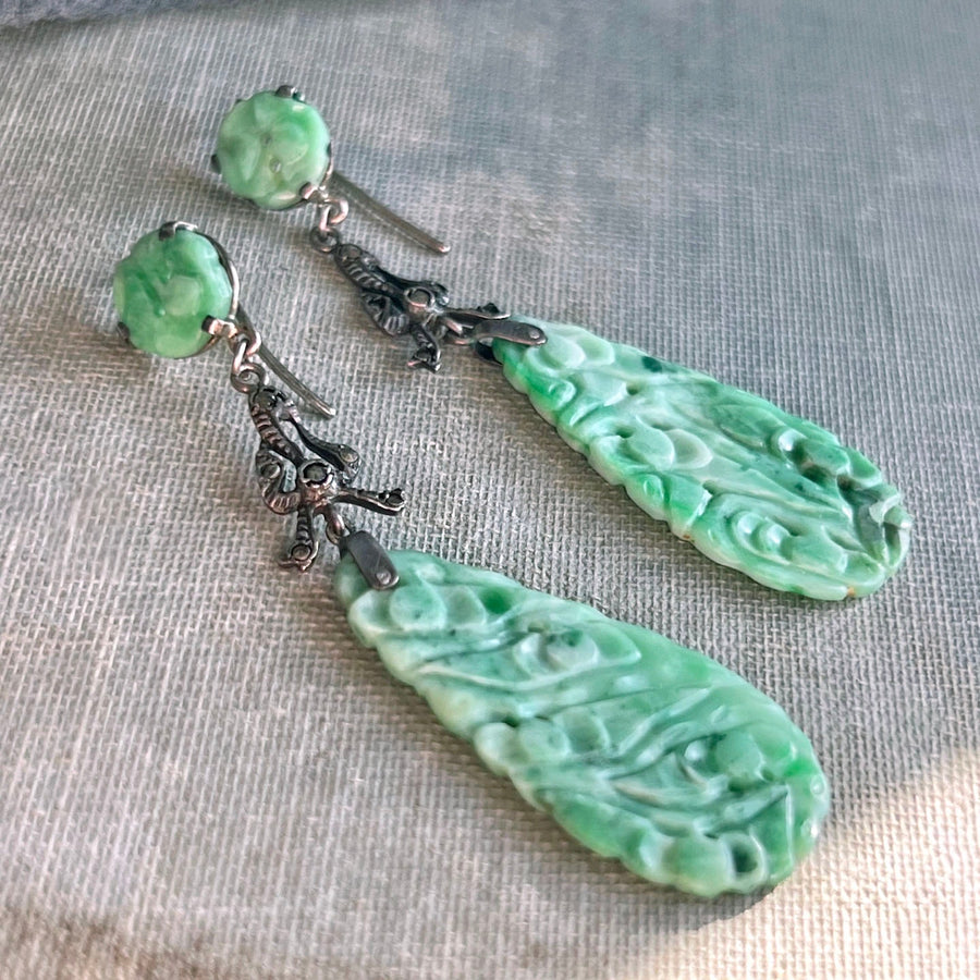 Art Deco carved jade marcasite drop earrings