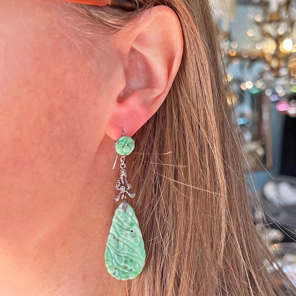 Art Deco silver earrings with jade drops
