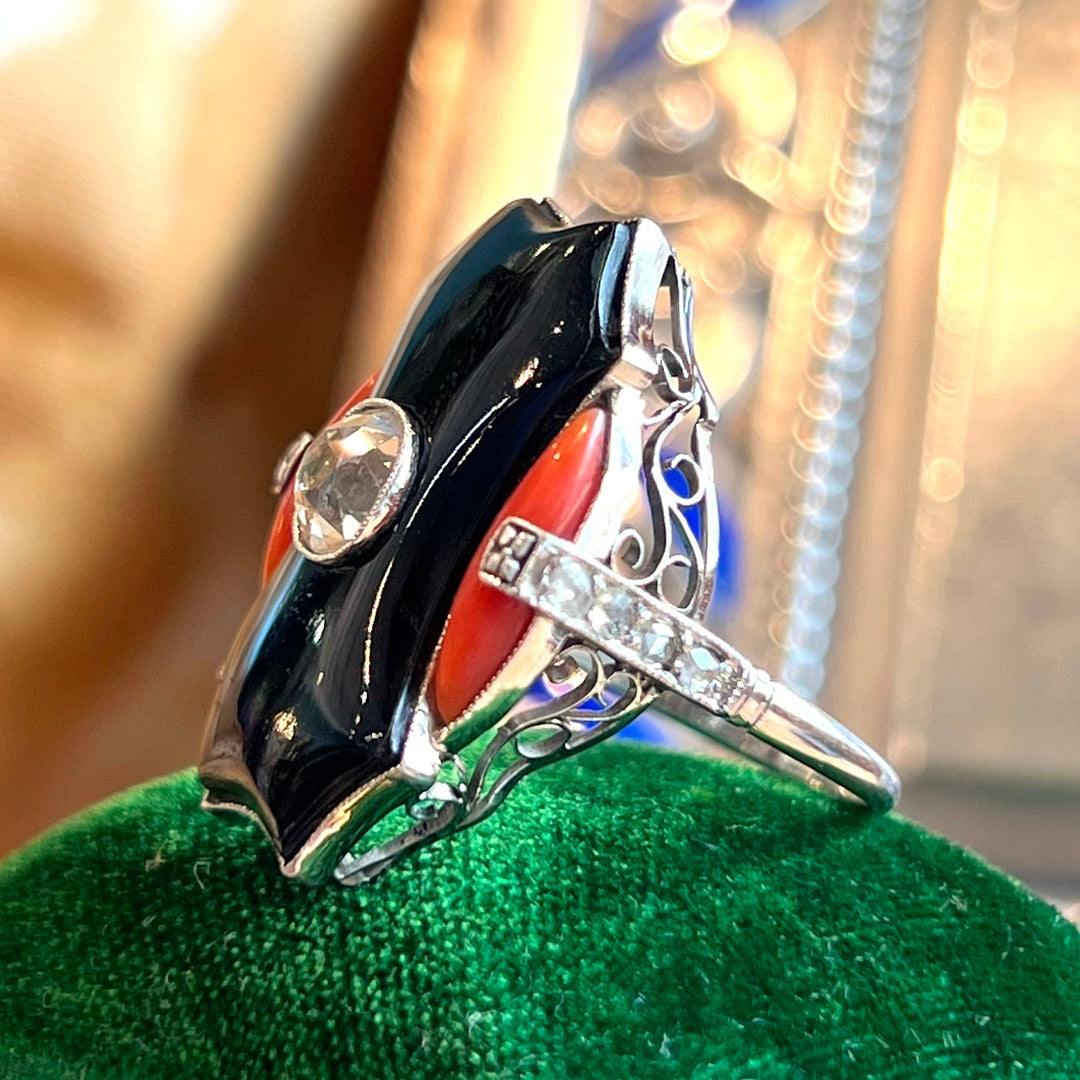 Vintage diamond ring with coral and onyx