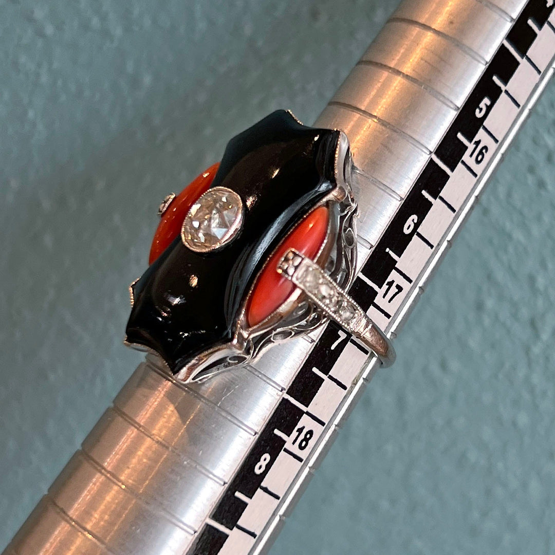 Art Deco Platinum Onyx Coral Diamond Ring, circa 1920