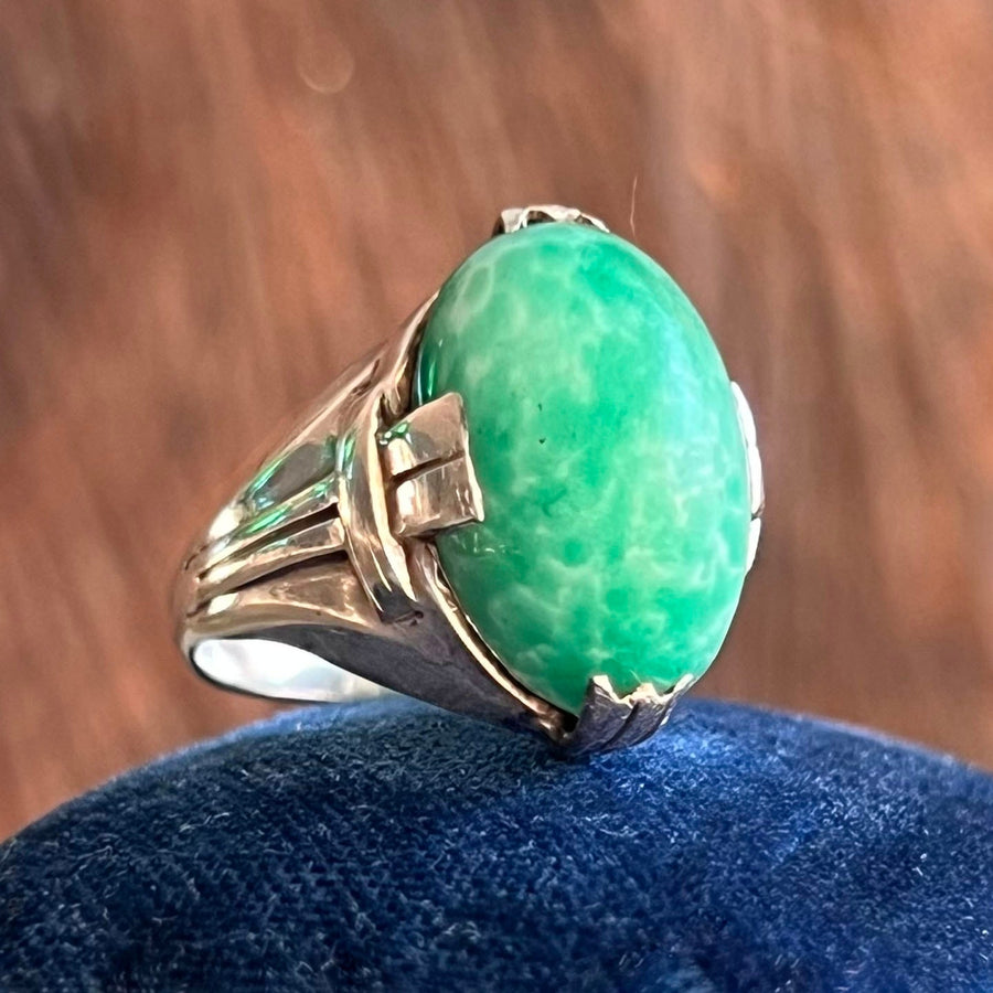 Art Deco silver green glass ring