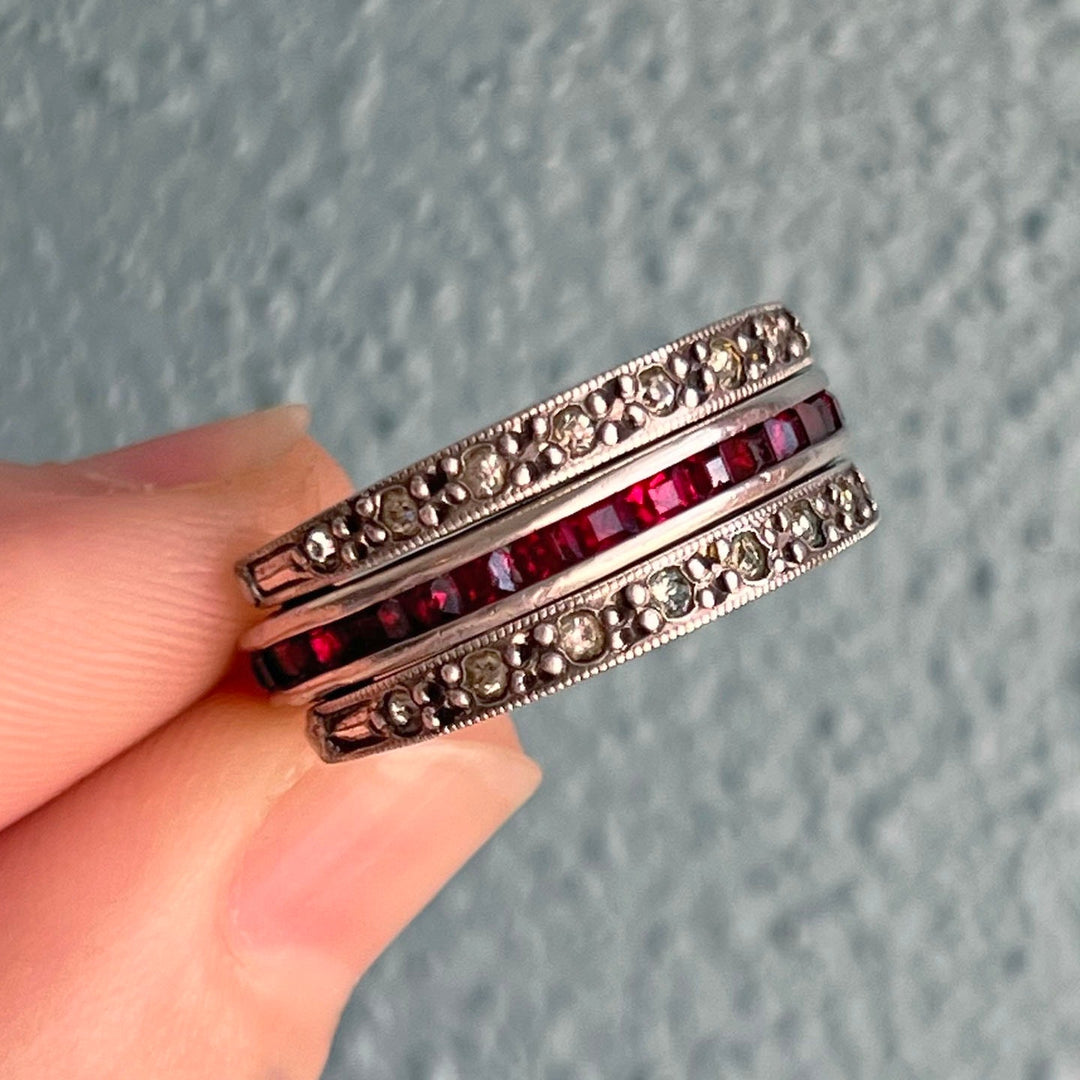 Close up Art Deco spinning ring colorful paste stones