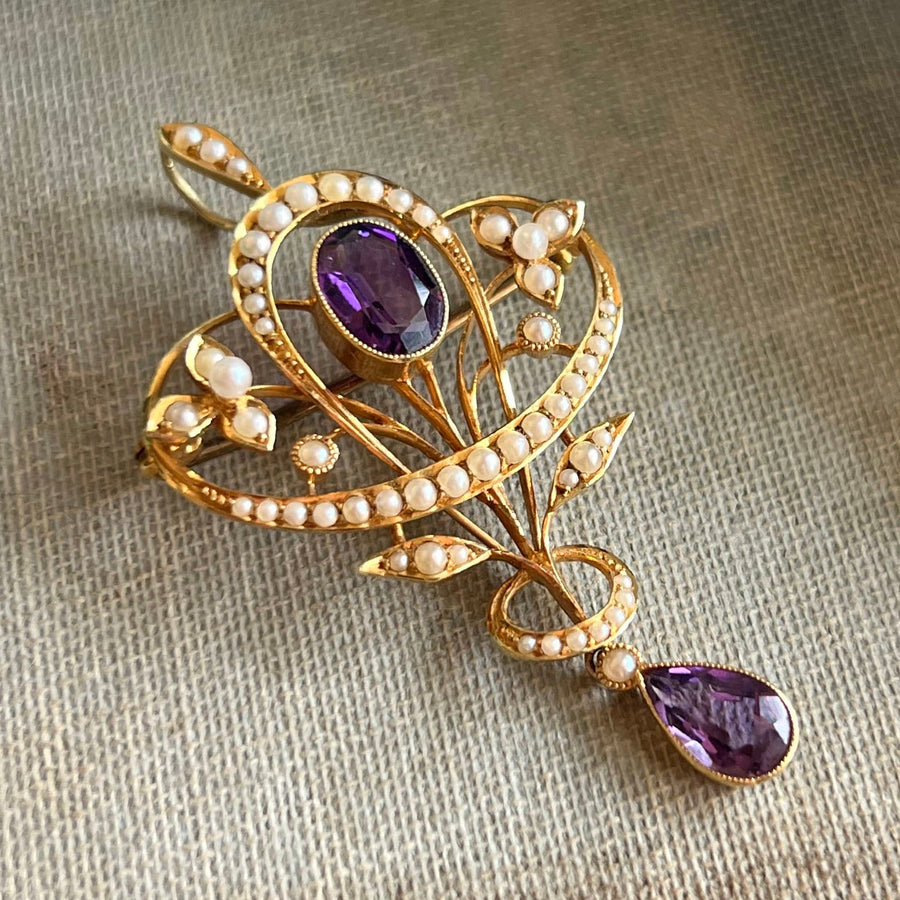 Art Nouveau 15 Karat Gold Amethyst Pearl Pendant Brooch, c. 1900