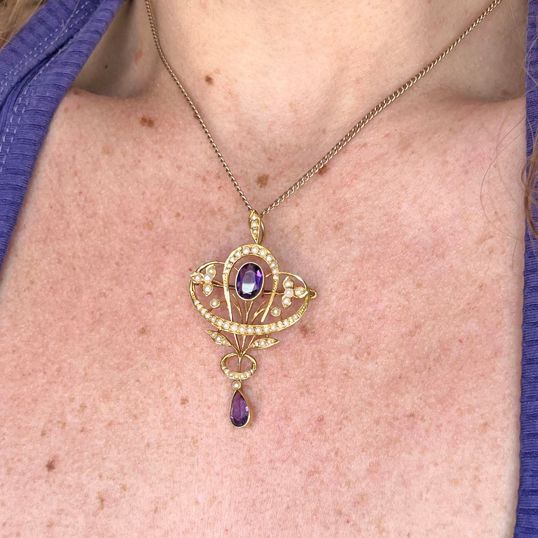 Art Nouveau 15 Karat Gold Amethyst Pearl Pendant Brooch, c. 1900