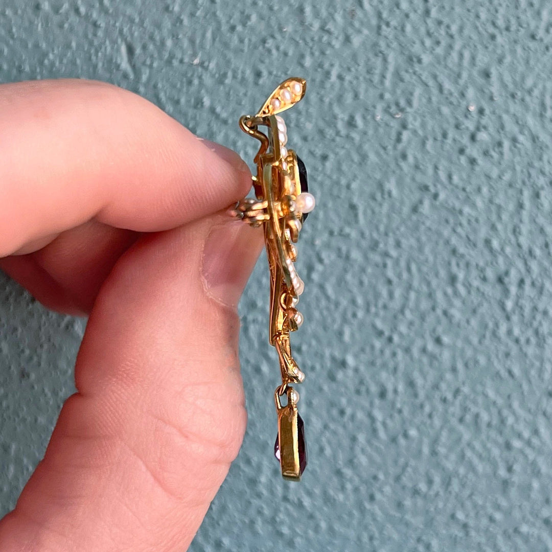 Art Nouveau 15 Karat Gold Amethyst Pearl Pendant Brooch, c. 1900