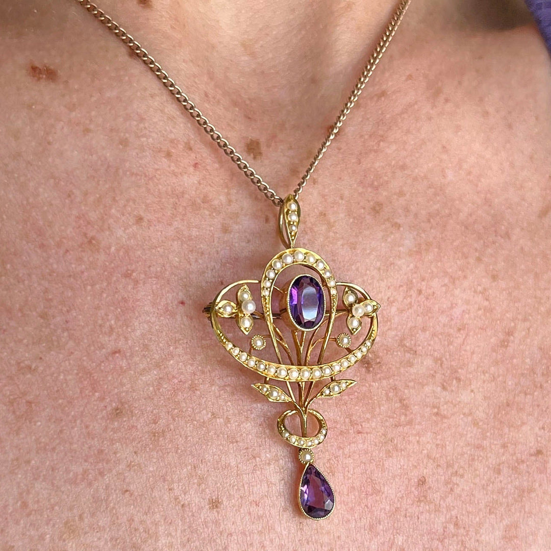 Art Nouveau 15 Karat Gold Amethyst Pearl Pendant Brooch, c. 1900
