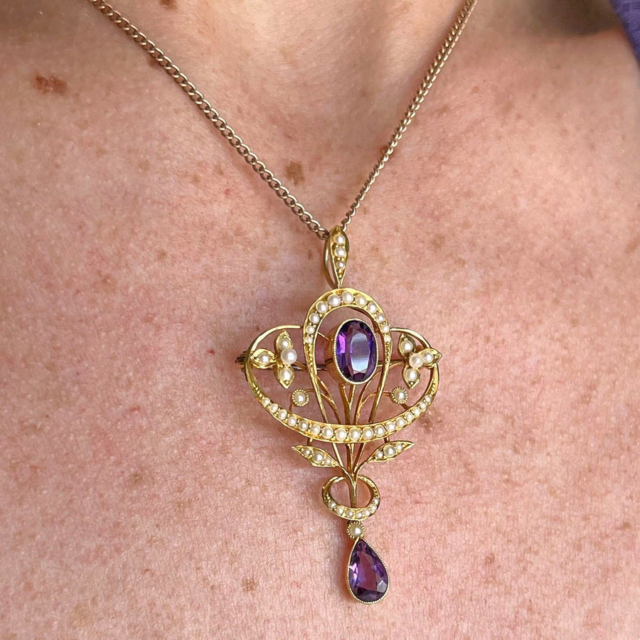 Art Nouveau 15 Karat Gold Amethyst Pearl Pendant Brooch, c. 1900