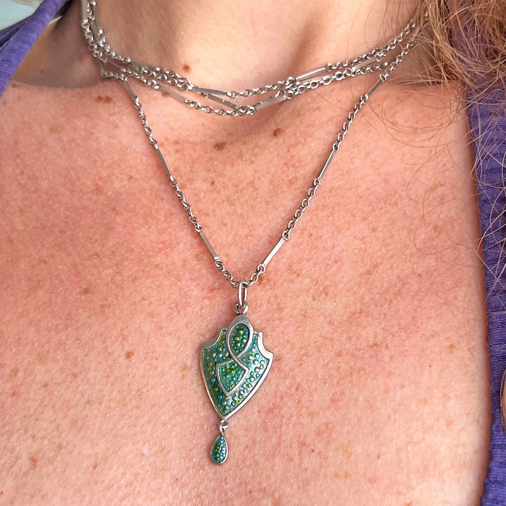 Art Nouveau English Silver Green Enamel Pendant, c. 1910
