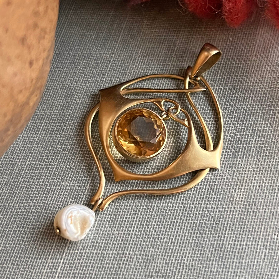Art Nouveau Pendant by Archibald Knox 15k Gold Citrine Pearl, c.1900