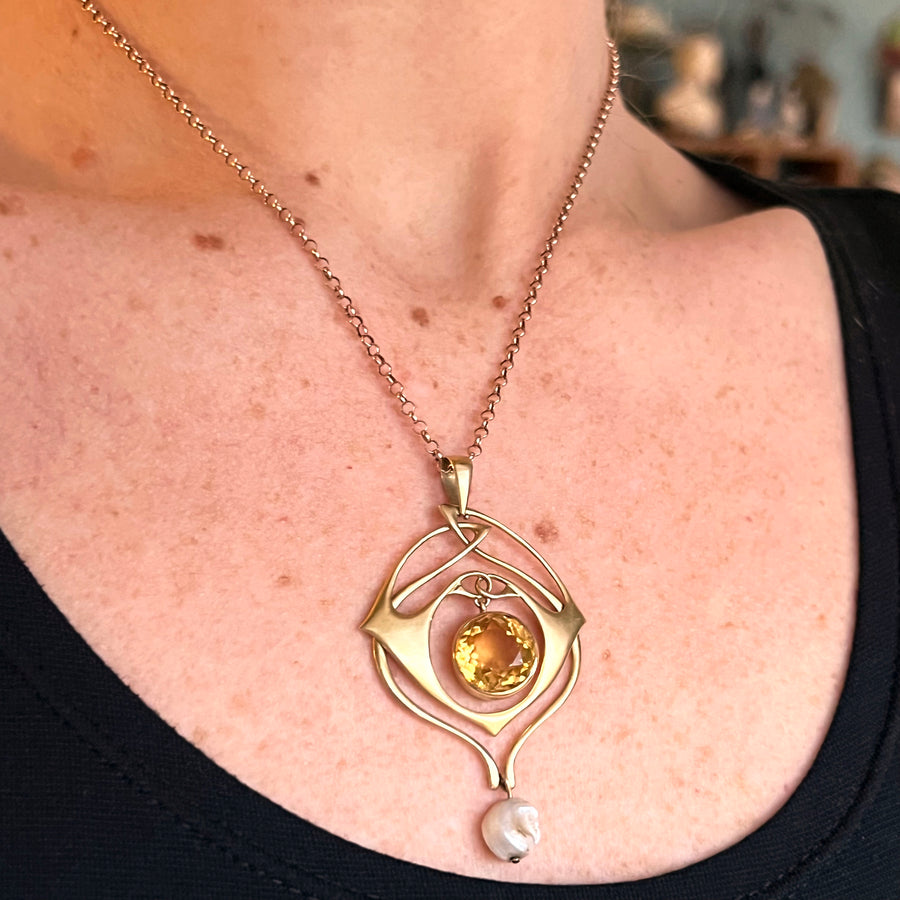 Art Nouveau Pendant by Archibald Knox 15k Gold Citrine Pearl, c.1900