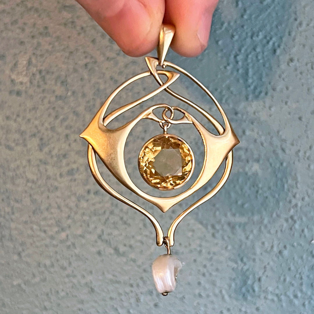 Art Nouveau Pendant by Archibald Knox 15k Gold Citrine Pearl, c.1900