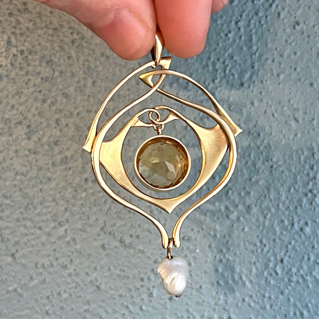Art Nouveau Pendant by Archibald Knox 15k Gold Citrine Pearl, c.1900