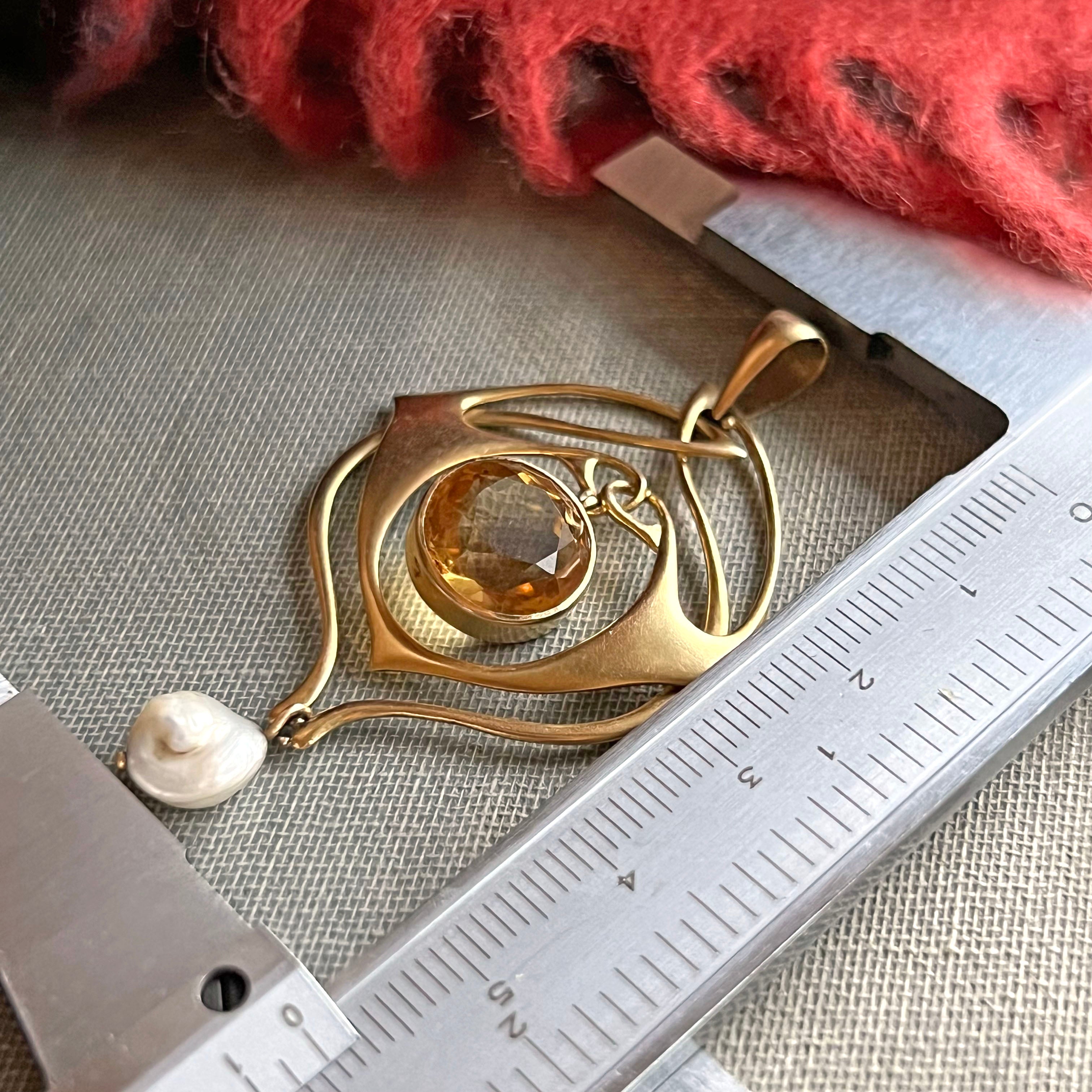Art Nouveau Archibald Knox Citrine and Pearl Pendant in 15K Gold
