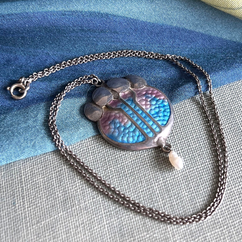Art Nouveau Silver Enamel Pendant by James Fenton with Pearl Drop, Birmingham 1909