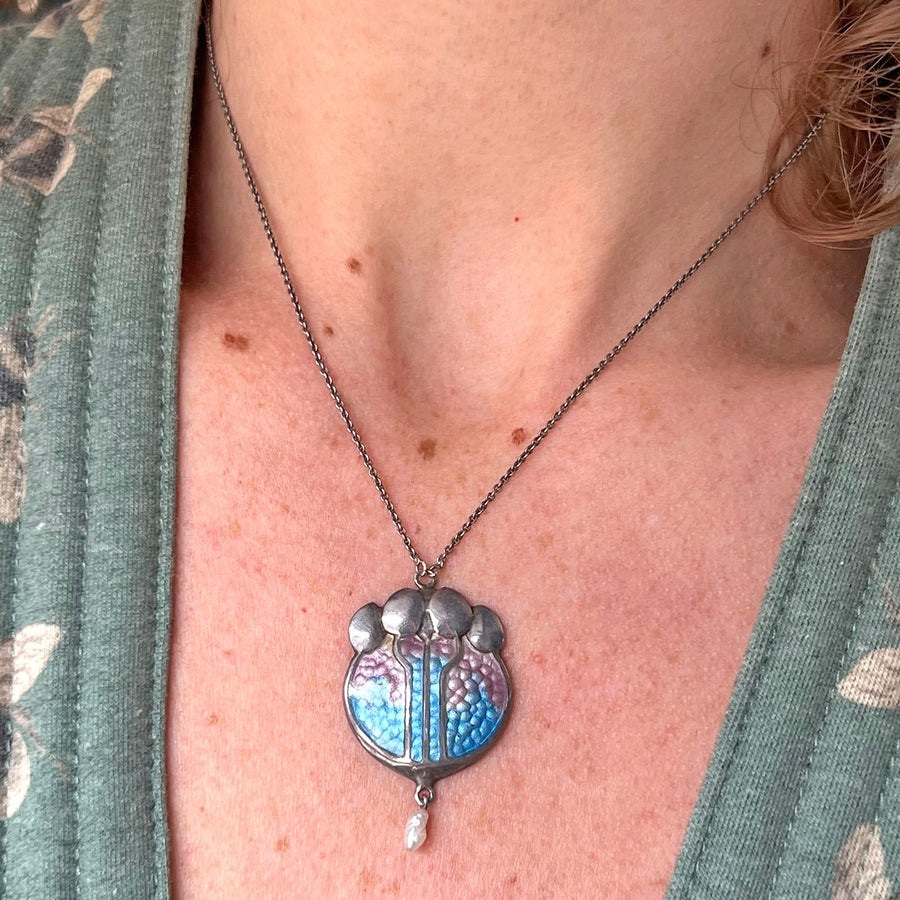 Art Nouveau Silver Enamel Pendant by James Fenton with Pearl Drop, Birmingham 1909