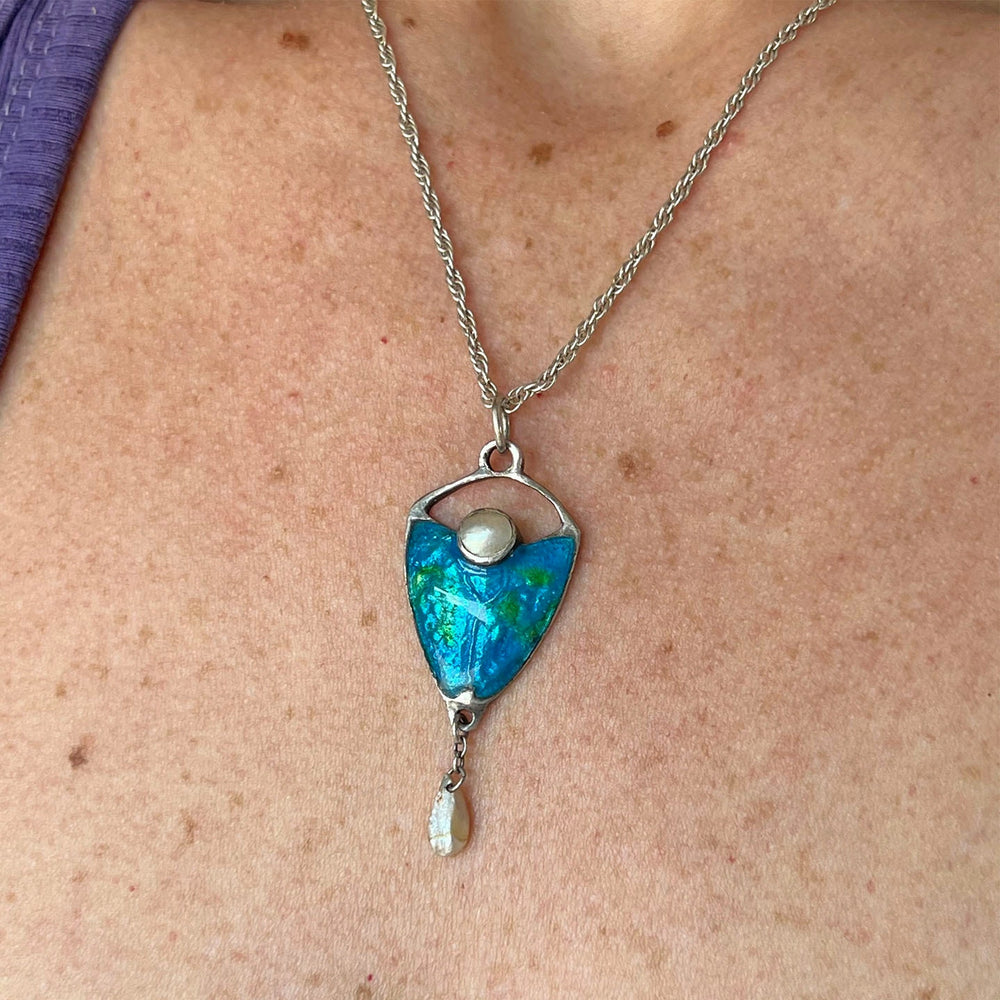Art Nouveau Silver Enamel Pendant with Mother of Pearl, c. 1910