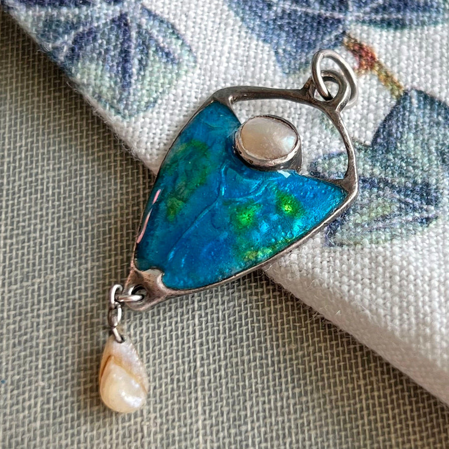 Art Nouveau Silver Enamel Pendant with Mother of Pearl, c. 1910
