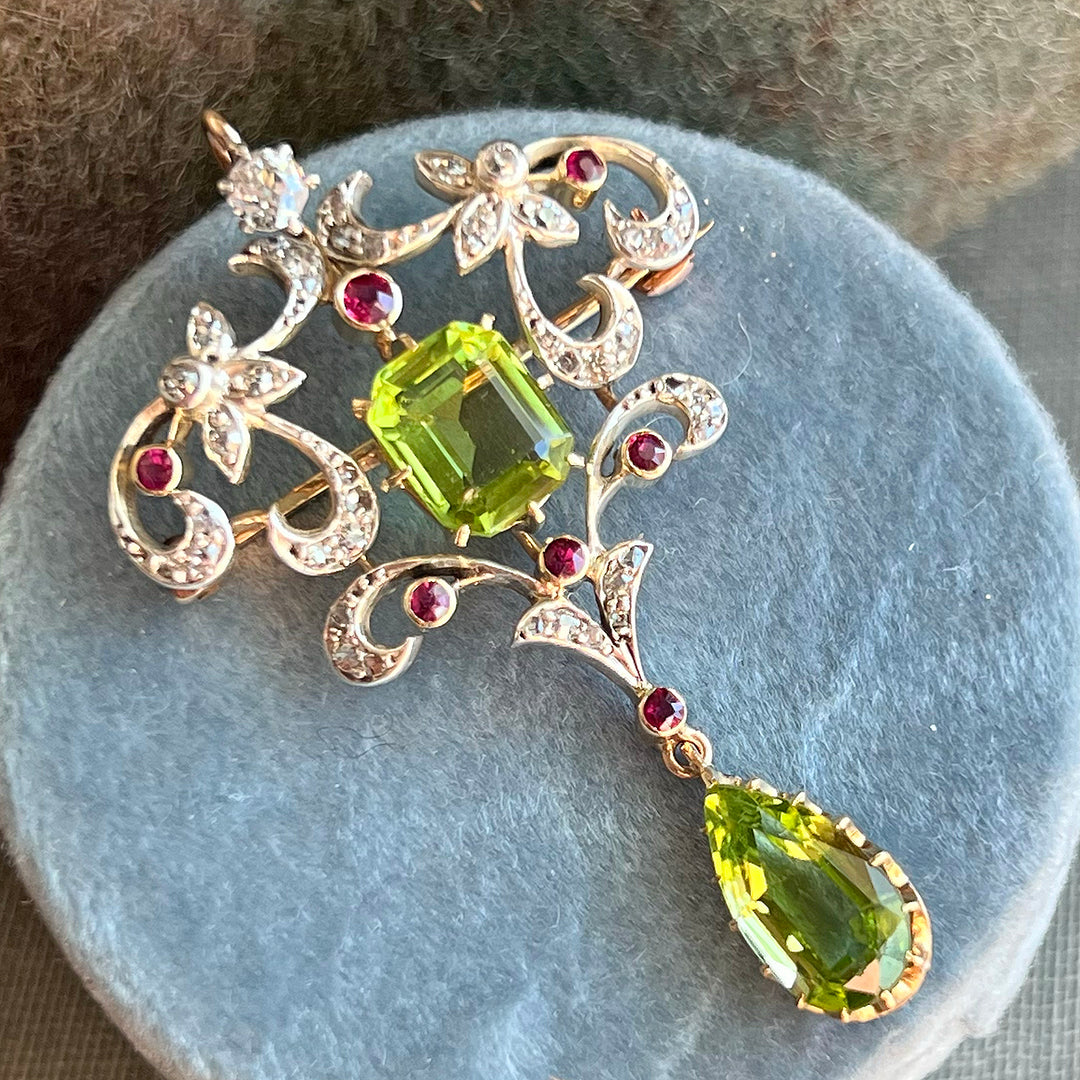 Art Nouveau Suffragette Peridot, Diamond & Ruby Pendant-Brooch, c. 1910